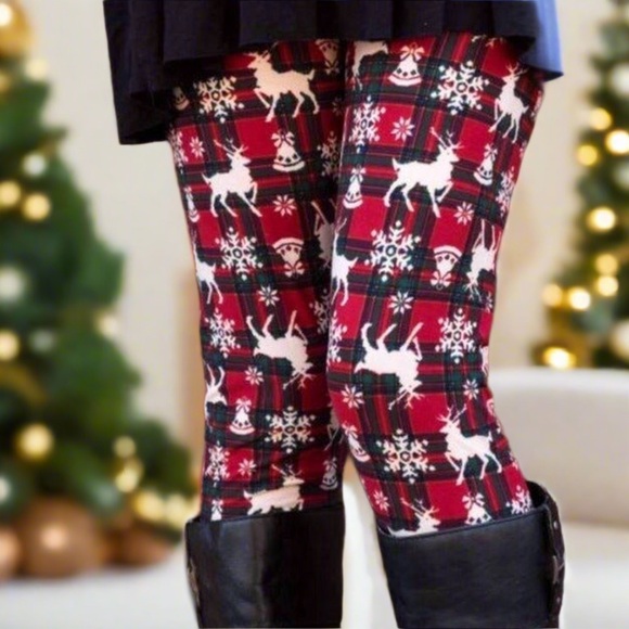 MomMe And More Pants - OS NEW Womens Christmas Reindeer Snowflake Red Plaid Leggings, Holiday Pants